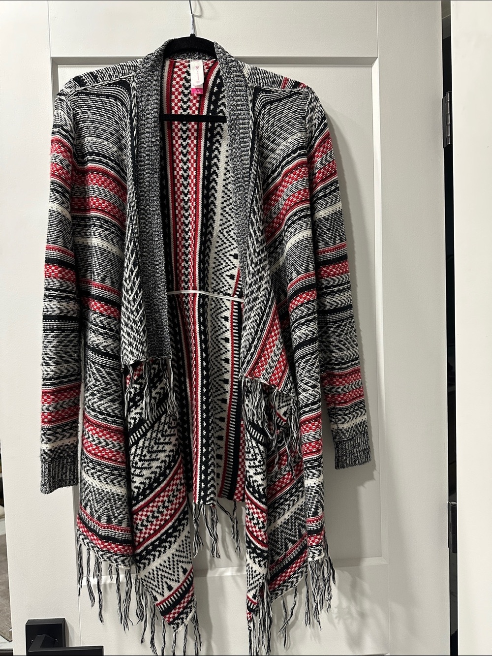 No Boundaries Open-Front Fringe Cardigan in Black, White & Red